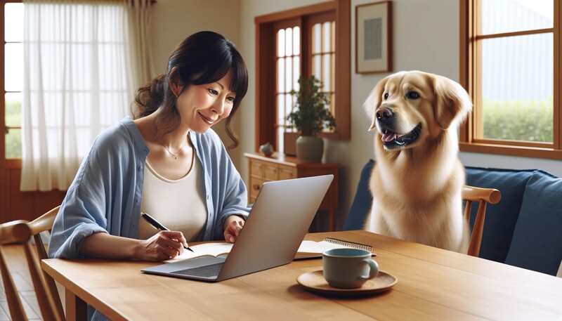 リビングルームにいる女性と犬