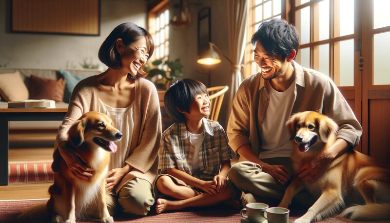 リビングルームで家族と過ごす大型犬2匹