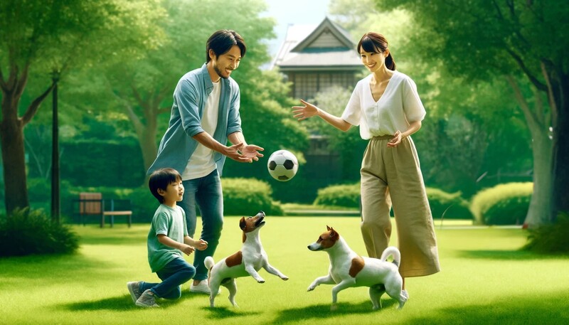 外でボール遊びを楽しむ家族とジャックラッセルテリア