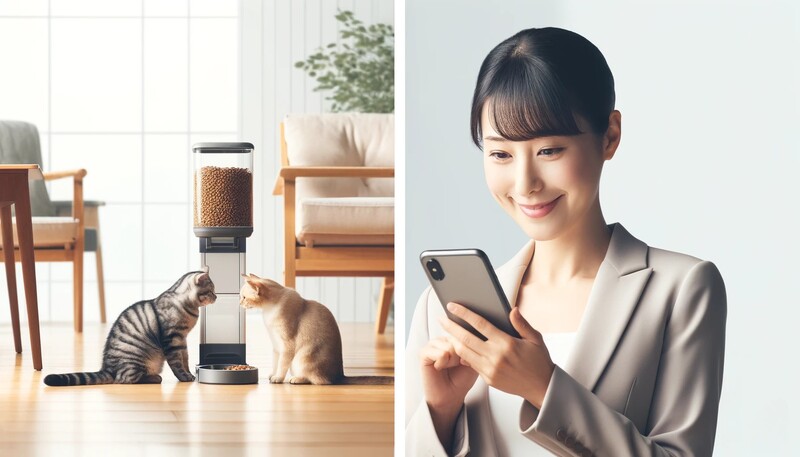 携帯で家の猫の様子を見る飼い主