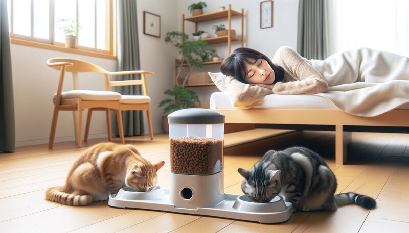 自動 餌 やり 機で平和な朝を過ごす飼い主と猫