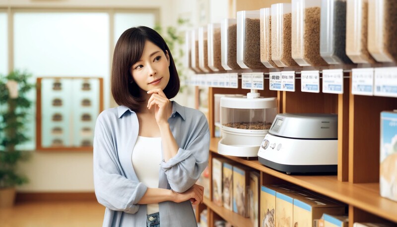 自動給餌器を選ぶ女性