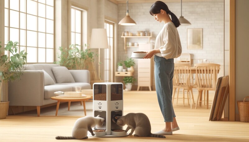 自動 餌 やり 機からエサを食べる猫
