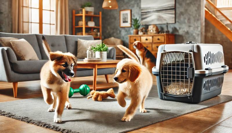 リビングで遊ぶ二匹の子犬