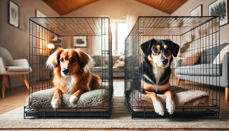 自分ケージの中に入っている2匹の犬